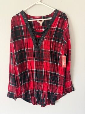 Red and Black Plaid Lace-Up Long Sleeve Top